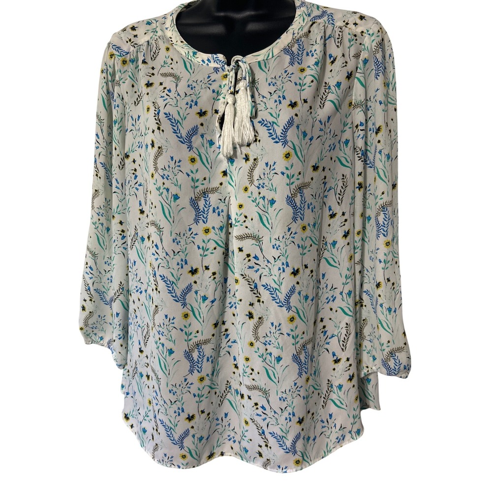 Floral Blouse Kaari Blue White Blue Yellow Tassel Neck‎ Women's Size Large